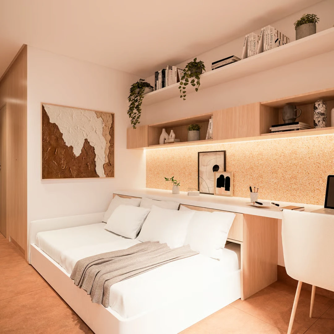 Render de un dormitorio-estudio con cama, escritorio integrado y estanterías de madera